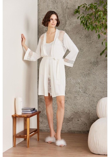 Pierre Cardin 4015 Penye Dantelli Gecelik Ve Sabahlık Takım Ekru