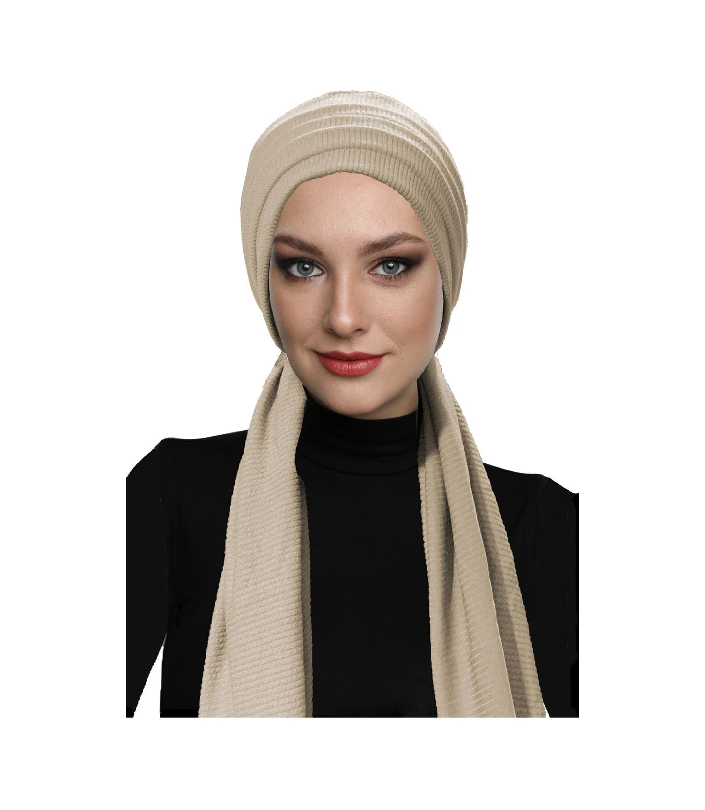 Fitilli Penye Bağlama Bej Hazır Türban Tesettür Bone Bej