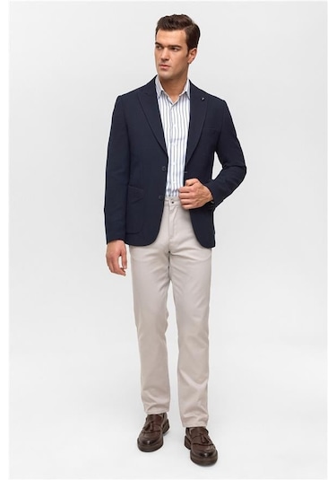 Süvari Lacivert Slim Desenli Mono Yaka 6 Drop Ceket Lacivert