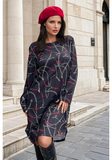 Lacivert Yuvarlak Yaka, Zincir Desenli, Midi Elbise Lacivert