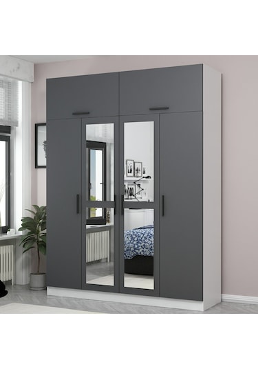 Minar Kale 4 Kapaklı 2 Aynalı 2 Ç Dolap Ve Yüklük Beyaz Antrasit 235cm