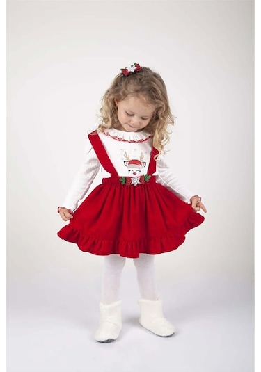 Yıl Başı Temalı Kız Çocuk Geyik Desenli Badili Salopet Elbise Kırmızı