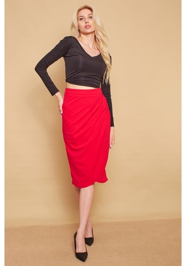 Kruvaze Anvelop Önü Pileli Diz Altı Likralı Kumaş Etek-fujya - Fujya Fuşya