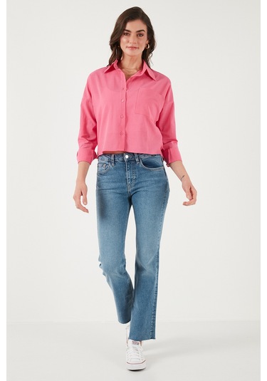 Lela Pamuk Ve Keten Karışımlı Regular Fit Önü Kısa Arkası Uzun Bayan Gömlek 6772867 Fuşya