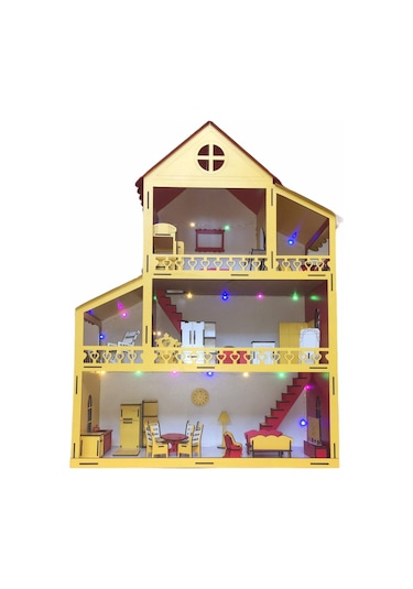 Ahşap Oyun Evi 80Cm 21 Eşya Sarı-Kırmızı Led Işıklı