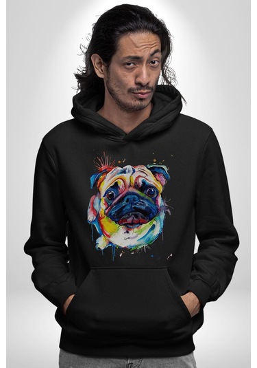 Sulu Boya Pug Köpek Kadın Erkek Siyah Kapüşonlu Sweatshirt Hoodie Siyah