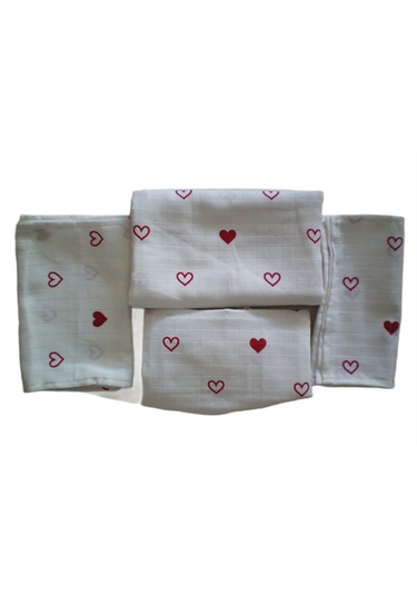 More Home Bebek Müslin Bez Battaniye Set 6 Parça Parça Kalpli Beyaz Kırmızı Beyaz - Kırmızı