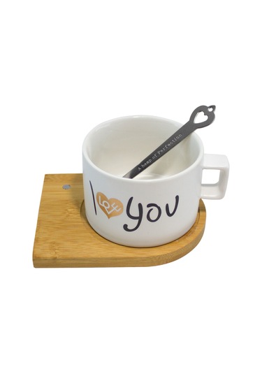Kupa Bardak Kahve Kupası Love Kaşıklı Ahşap Altlık Mıkantıslı