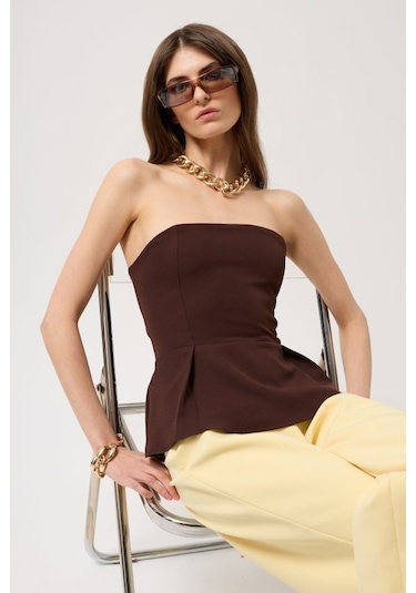 Pileli Straplez Bluz Kahverengi