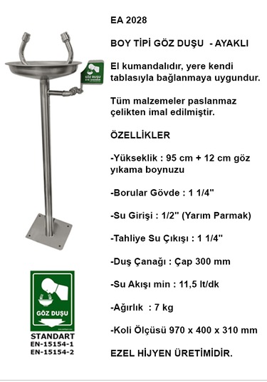Ea 2028 Acil Göz Yıkama Duşu - Boy Tipi Paslanmaz