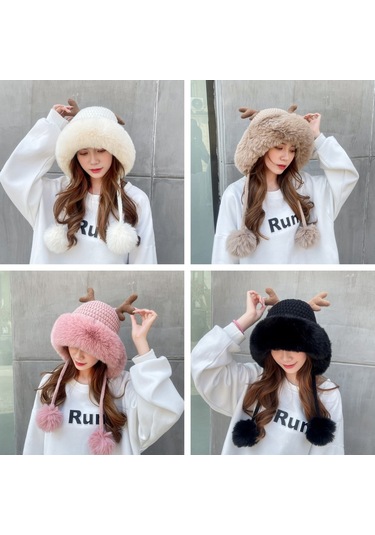 Kadınlar İçin Şık Noel Temalı Örgü Kulaklıklı Bere Renkli Boynuz Detaylı Sıcak Kış Şapkası Yeşil