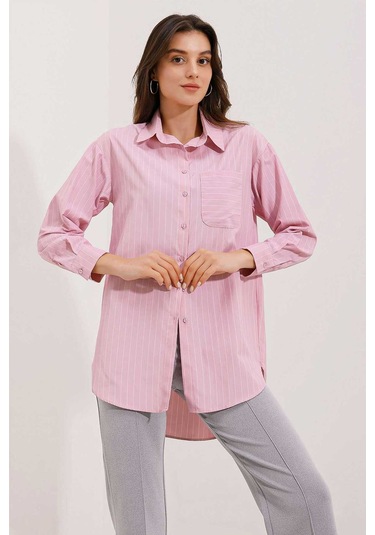Gabria Tek Cep Arkası Uzun Gömlek Pembe