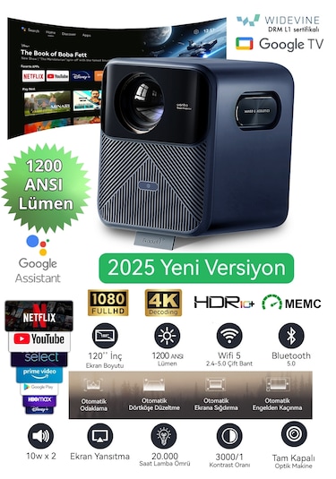 Wanbo Mozart 1 Pro Akıllı Projeksiyon Cihazı – 1200 ANSI Google TV HDR MEMC Lisanslı  2025 Yeni Versiyon