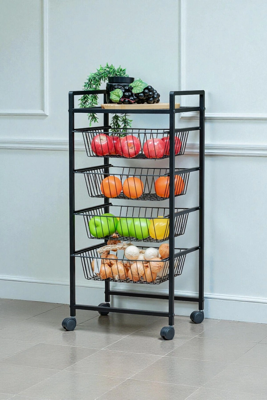 Dekoratif Siyah Metal Sebzelik Tekerlekli 4 Raflı Tel Sepetli Çok Amaçlı Stand Siyah