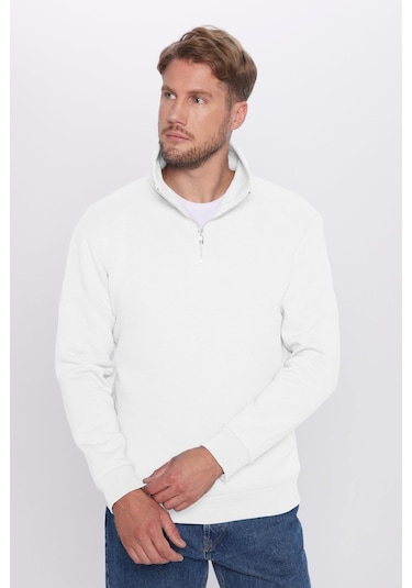 Unisex Relax Fit Rahat Kesim %100 Pamuk Yarım Fermuarlı Beyaz Dik Yaka Sweatshirt-32135 Beyaz