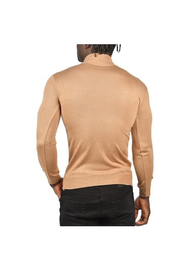 Deepsea Erkek Camel Deepsea Baklava Desenli Slim Fit Yarım Balıkçı Yaka Triko Boğazlı Kazak 2505511 Camel