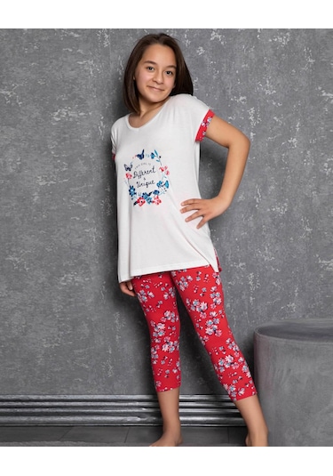 Kız Çocuk Kısa Kol Taytlı Ekru Pijama Takım C7t2n0o-046 Ekru