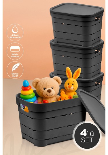 4'lü Kapaklı 5 Litre Delikli Saklama Kutusu Antrasit Antrasit