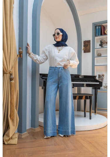 1166-parçalı Denim Bol Paça Pantolon Mavi Mavi