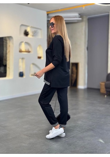 Modaserdem Kadın Uzun Kollu Ribana Ve Fermuar Detay Bluz Ve Yüksel Bel Pantolon 2li Takım Siyah