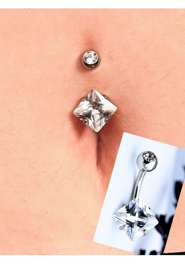 Çift Zirkon Taş Kare Detay Göbek Piercing 316l Cerrahi Çelik-gbkpr74 Çok Renkli