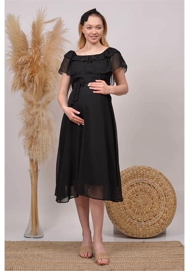 Kadın Kuşaklı Şifon Hamile Elbisesi Dphml8060 Siyah