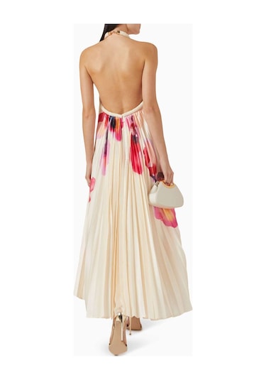Acler Fixby Şifon Maxi Elbise - Orkide Deseni - %100 Polyester - Halter Yaka Krem