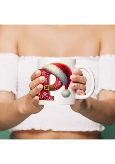 P Harfi Yılbaşı Temalı Bardak 330 Ml Harfli Kişiye Özel Hediye - Yeniyıl / Noel Şapka Tasarım Beyaz