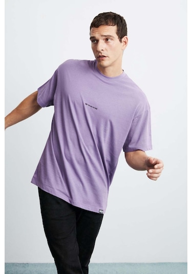 GRIMELANGE Rıver Erkek Oversize Fit Bol Kesim Nakış Işlemeli Basic Örme Mor T-shirt Mor