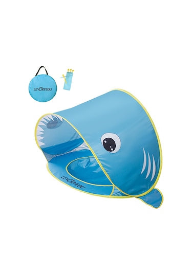 Monyee Mavi Köpekbalığı Desenli Çocuk Plaj Çadırı, Hızlı Açılabilir Havuzlu, Uv Koruma Ve Mesh Pencereli Mavi