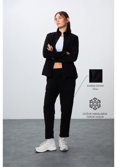 Tommy Life Siyah Kalın Yumuşak Dokulu Dik Yaka Oversize Nakışlı Polar Kadın Eşofman Takım -95339 Siyah