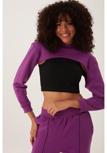Quhox Kadın Oversize Crop Mor