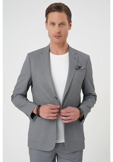 Comfort Fit Mono Yaka Çift Yırtmaç Torba Cep Kendinden Desenli Casual Siyah Ceket C 705 Siyah