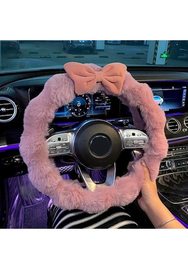 Fiyonklu Yumuşak Peluş Kış Direksiyon Kılıfı Pembe