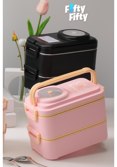 Uzspace 1200 Ml İki Kat Dört Bölme Paslanmaz Çelik Lunch Box Yeni Nesil Sefer Tası-sos Kaseli Model-fflbox8023 Pembe