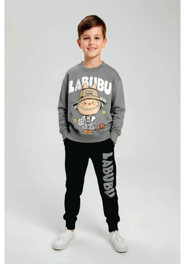 Labubu Desenli Erkek Çocuk Gri Renk Eşofman Takım Gri