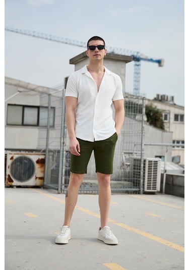 Koyu Yeşil Renk Chino Erkek Şort Koyu Yeşil