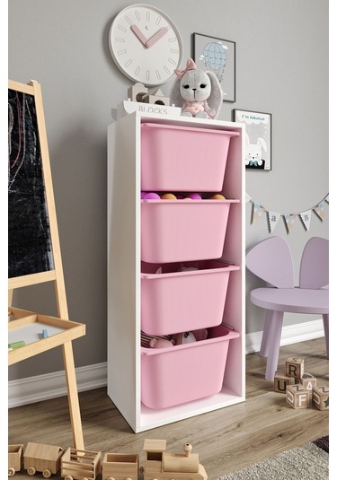 %100 Mdf - Large Mono 4 Büyük Sepetli Oyuncak Dolabı Pembe