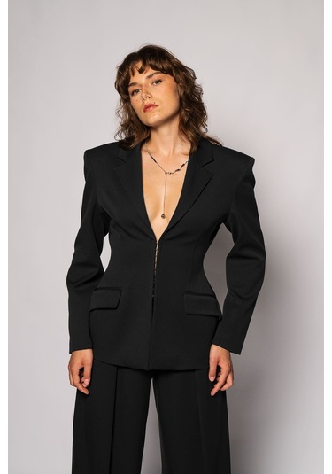 Thalure Kadın Siyah Agraflı Bele Oturan Blazer