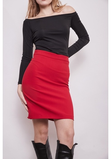 Yüksek Bel Diz Üstü Kumaş Kalem Etek-Kırmızı