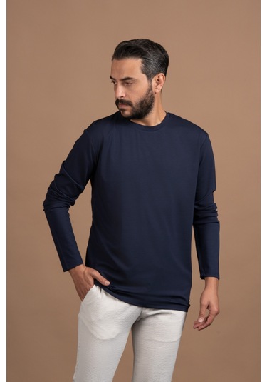 Regular Fit Bisiklet Yaka Rayon Kumaş Full Likralı Uzun Kol Sweatshirt Lacivert
