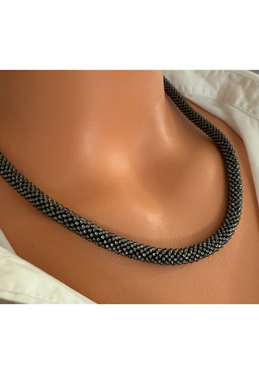 Chichibeads Işıltılı Siyah Bohem Kolye Gümüş - Gri - Siyah