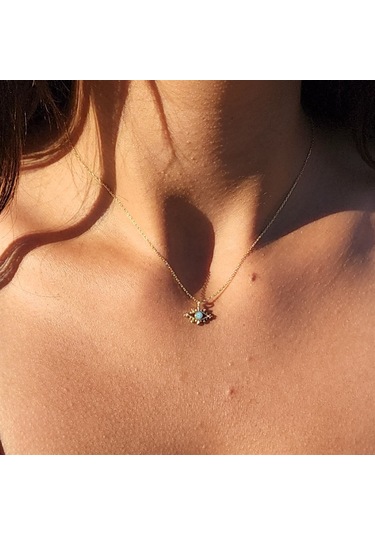 Tasarım Kirpik Nazar Boncuğu Firuze Mineli Göz Tasarım Stil Modern 14 Ayar Altın Kolye- Altın Kolye