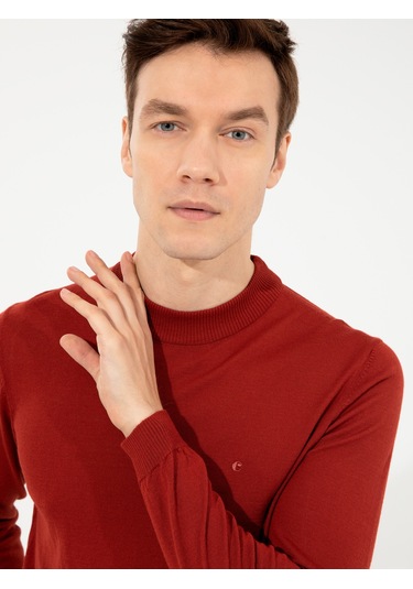 Cacharel Kiremit Slim Fit Çeyrek Balıkçı Yaka Basic Triko Kazak Kırmızı