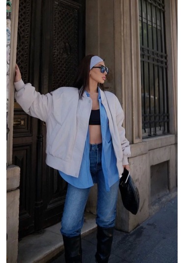 Cepli Bomber Ceket Mont - Beyaz Beyaz