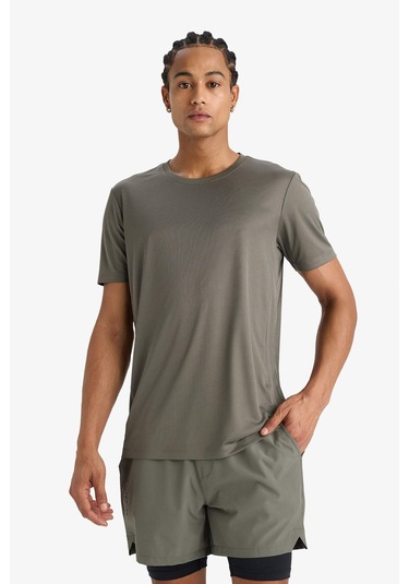 Defacto Defactofit Slim Fit Dar Kesim Bisiklet Yaka Çabuk Kuruyan Nefes Alabilen Esnek Kumaş Baskılı Sporcu Kısa Kollu Tişört E9318ax25aukh398 Haki