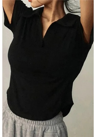 Siyah Oval Kesim V Polo Yaka Kısa Kollu Crop-17887 Siyah