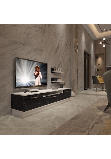 Decoraktiv Trendstyle 4 Mdf Tv Ünitesi Tv Sehpası Beyaz - Siyah Mermer
