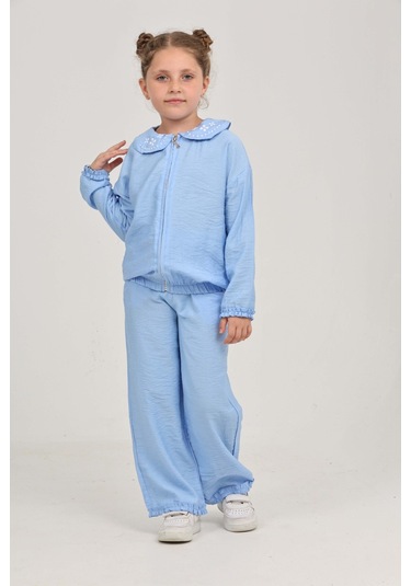 Toontoy Kız Çocuk Yaka Nakışlı Eşofman Takım Açık Mavi