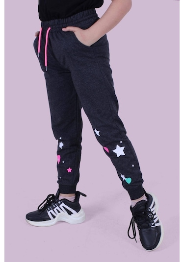 Kalp Ve Yıldız Desen Detaylı Kız Çocuk Antrasit Eşofman Altı Antrasit